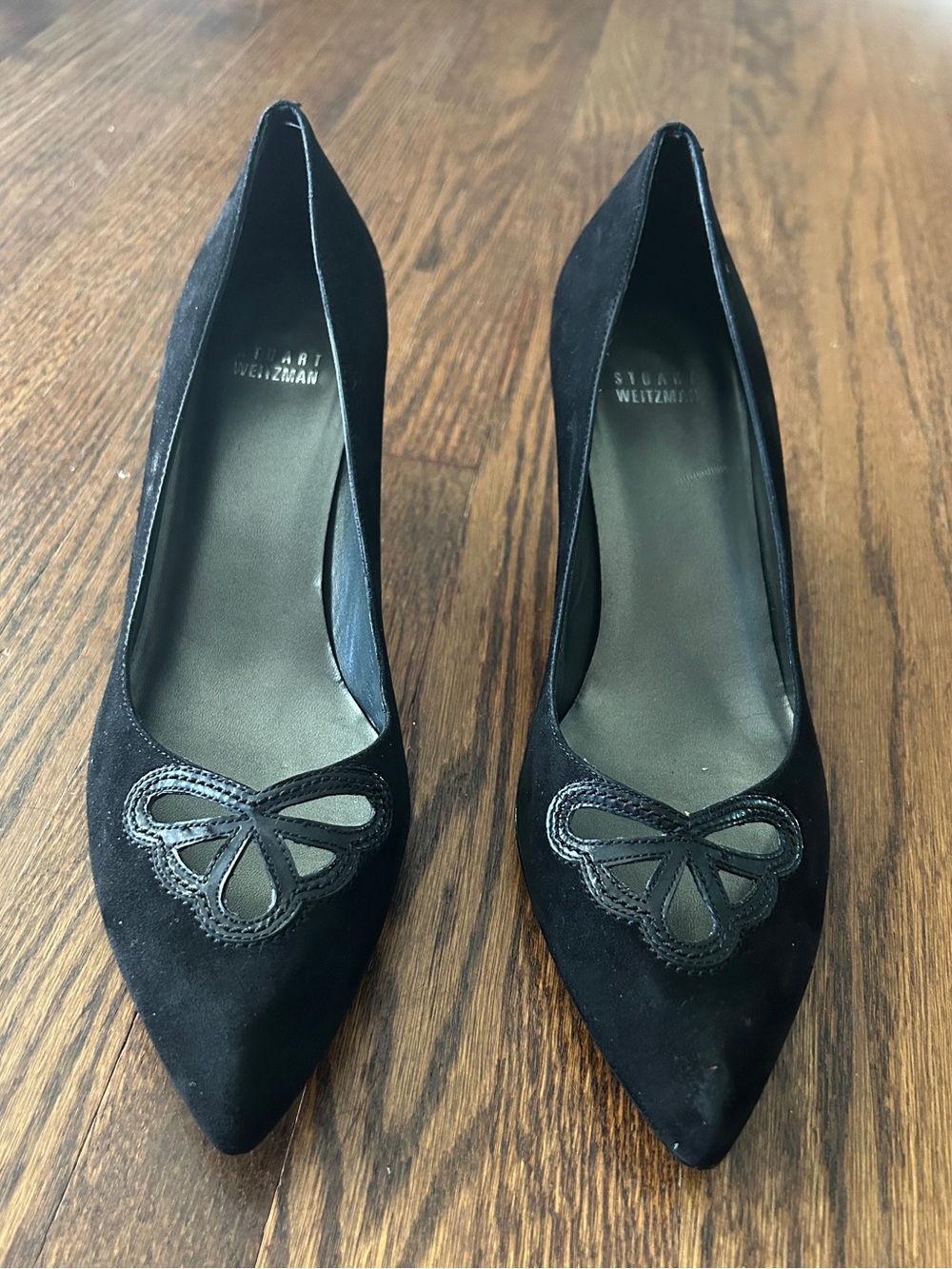Stuart Weitzman Black Suede Pointed Toe Pumps with Bow Cutout